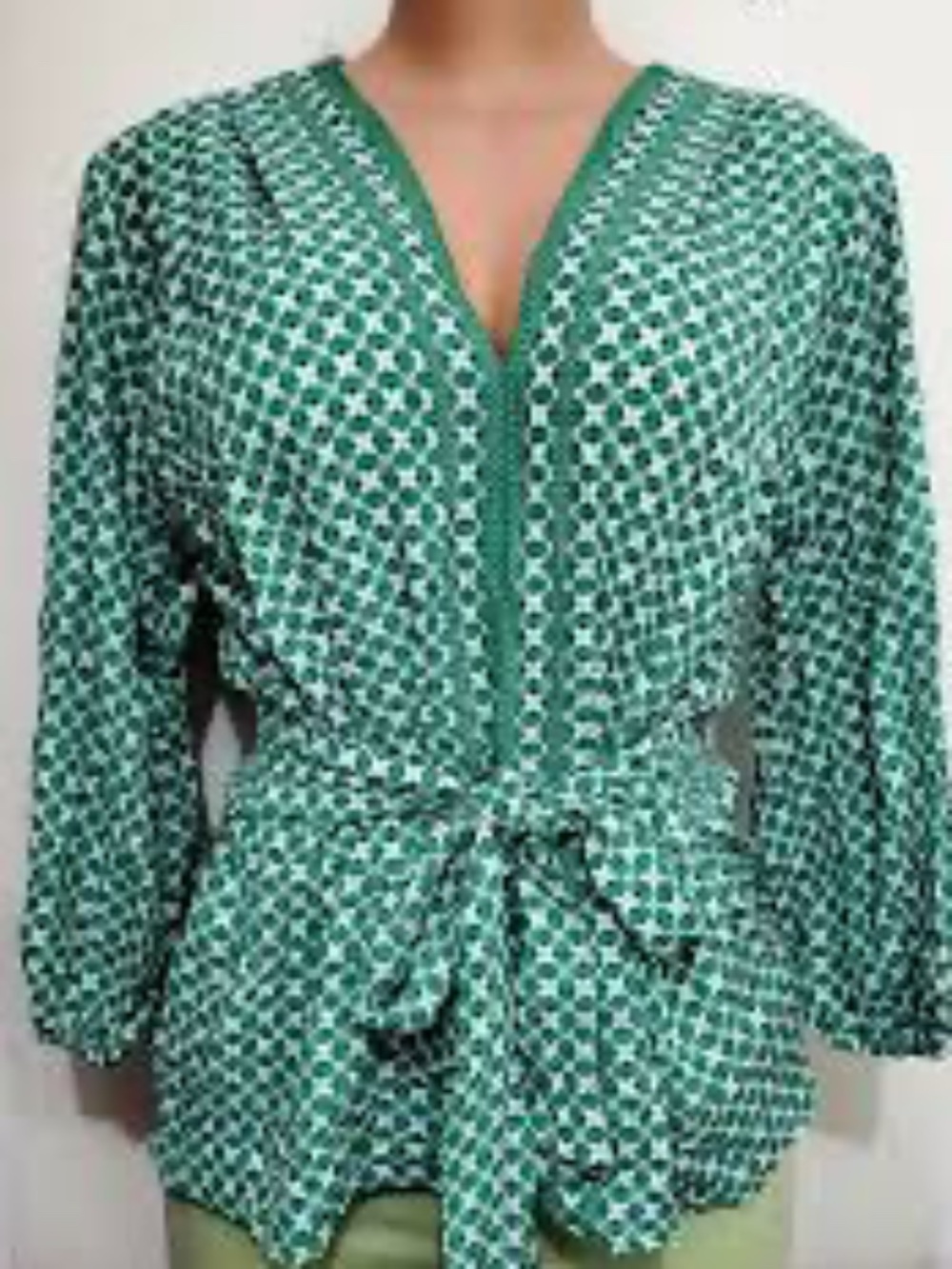 Max Studio Fresh Geometric Green Self Tie Blouse